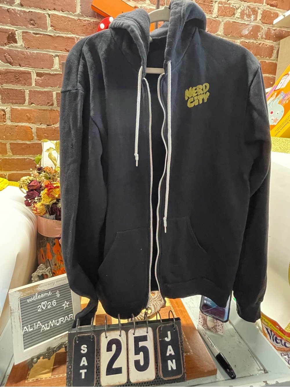 Nerd City Black Zip-Up Hoodie with Green Logo